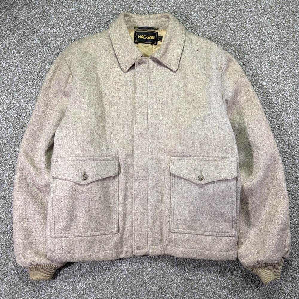 Vintage Wool Bomber Jacket Beige 70s Haggar Size 44 Regular Excellent - Picture 1 of 11